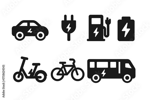 Electric Vehicle Icons. Electric mobility. Filled icon set of Electric mobility: electric car, charging plug,