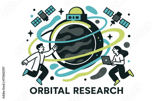 Venus Orbital Station. Venus exploration. Abstract glowing orbital station around Venus with orbiting