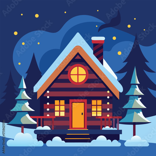 a russian log style winter treehouse glowing warml (1).eps