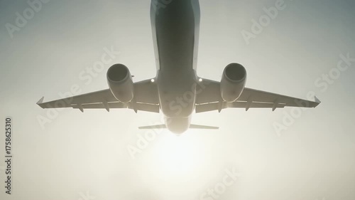 Commercial airliner taking off into the misty dawn, creating a sense of adventure and new beginnings for travel industry