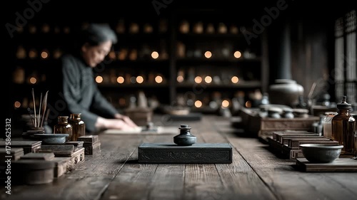 Traditional Chinese pharmacy scene showing traditional medicine making