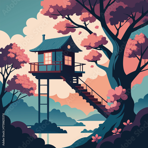 a spring blossom treehouse hidden among cherry tre (2).eps
