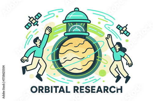Venus Orbital Station. Venus exploration. Abstract glowing orbital station around Venus with orbiting