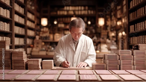 Traditional Pharmacist Carefully Formulating Prescriptions in Pharmacy
