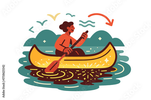Glowing Canoe Adventure. On the lake. A glowing wooden canoe floating on water with a paddler inside, ripples