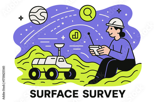 Venus Rover Adventure. Venus exploration. Character controlling glowing rover on abstract Venus surface,