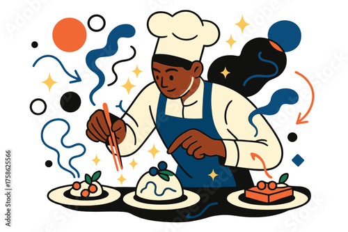 Elegant Culinary Artistry. Modern plating. A glowing chef carefully arranging molecular dishes with floating