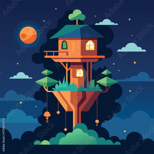 a surreal upside down treehouse glowing in sky  (1).eps