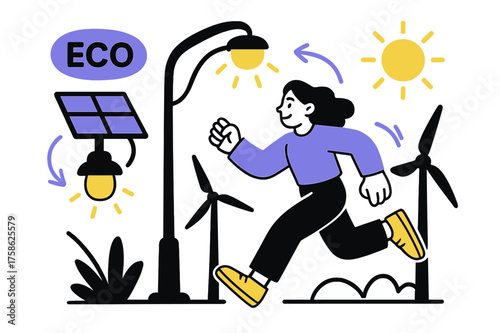 Solar-Powered Streetlight Scene. Green energy. A glowing streetlight powered by solar panels and wind turbines