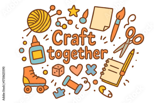 Creative Craft Ensemble. Craft together. Hand-drawn doodle illustration of Craft together. Yarn ball, knitting