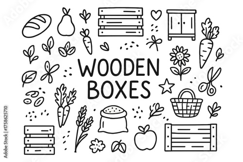 Wooden Box Doodles. Wooden Boxes. Hand-drawn doodle illustration of Wooden Boxes. wooden crate, bread loaf,