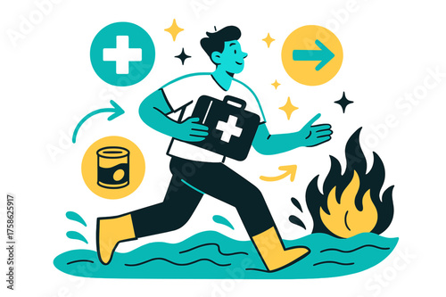 Heroic Disaster Relief. Disaster relief volunteering. A glowing character assisting in flood or fire relief