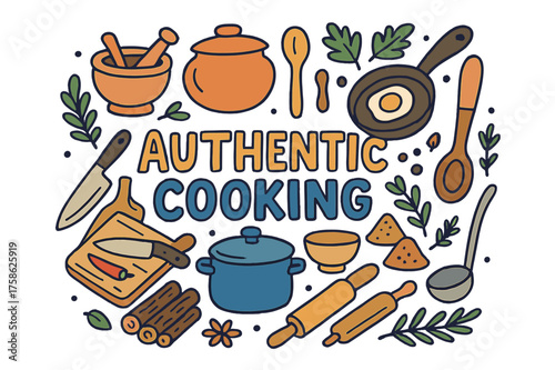 Authentic Cooking Doodles. Authentic Cooking. Hand-drawn doodle illustration of Authentic Cooking. mortar and