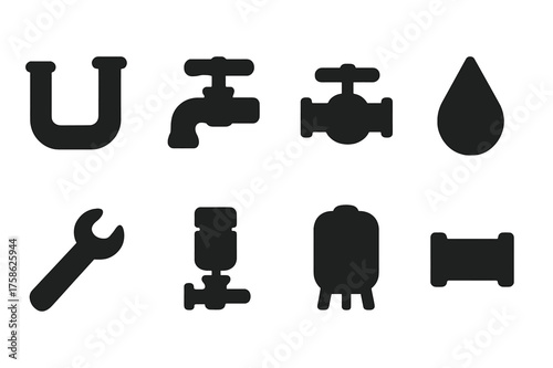 Plumbing Icon Set. Plumbing layout. Filled icon set of Plumbing layout: pipe, faucet, valve, water droplet,