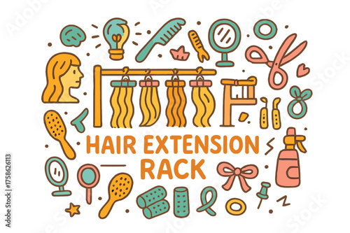 Colorful Hair Extension Rack. Hair Extension Rack. Hand-drawn doodle illustration of Hair Extension Rack. hair