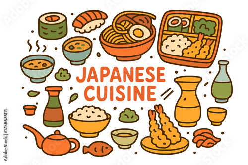 Playful Japanese Cuisine Illustration. Japanese cuisine. Hand-drawn doodle illustration of Japanese cuisine.