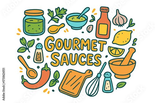Gourmet Sauces Doodle. Gourmet Sauces. Hand-drawn doodle illustration of Gourmet Sauces. jar, bowl, spoon,