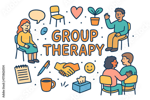 Group Therapy Doodles. Group Therapy. Hand-drawn doodle illustration of Group Therapy. people, chairs, circle,