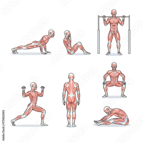 Anatomical illustration of various exercises and stretches.