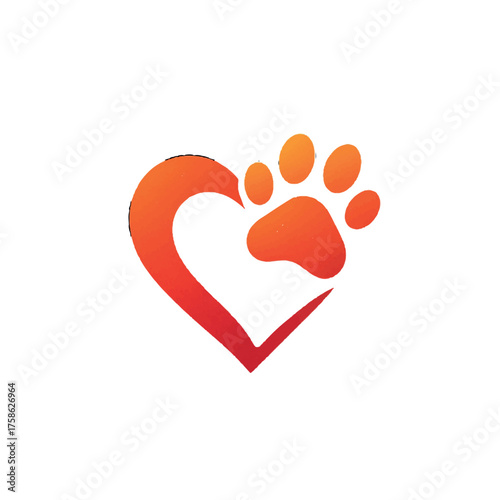 Heart and paw print logo isolated on white background for pet care