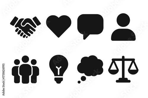 Conflict Resolution Icons. Conflict Resolution. Filled icon set of Conflict Resolution: handshake, heart,