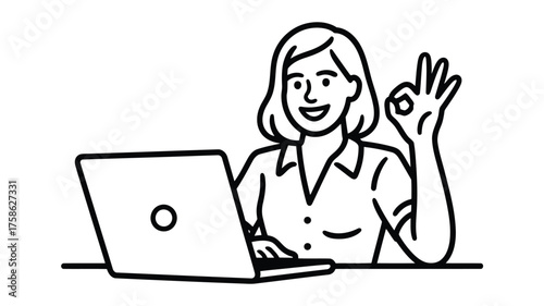 Woman smiling with laptop computer showing ok hand gesture vector