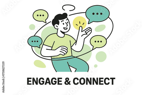 Interactive Conversation Art. Small talk. Character gesturing with glowing hand while abstract orbiting chat