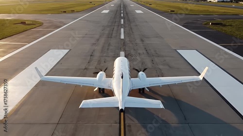 Powerful twin engine airplane ready for takeoff on airport runway with golden sun glistening on wings and tarmac