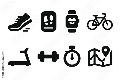 Activity Tracking Icons. Activity Tracking. Filled icon set of Activity Tracking: running shoe, step counter,