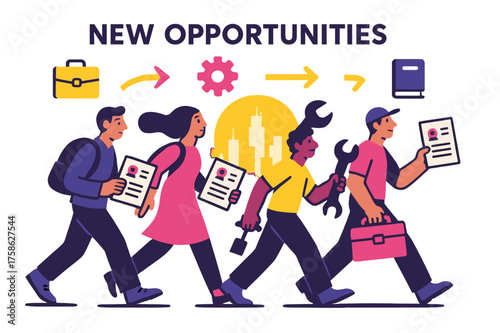 Journey to New Horizons. New opportunities. Migrants holding resumes and tools while walking toward glowing