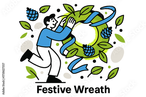 Glowing Festive Wreath. DIY craft ideas for holiday decorations. Character assembling glowing wreath with