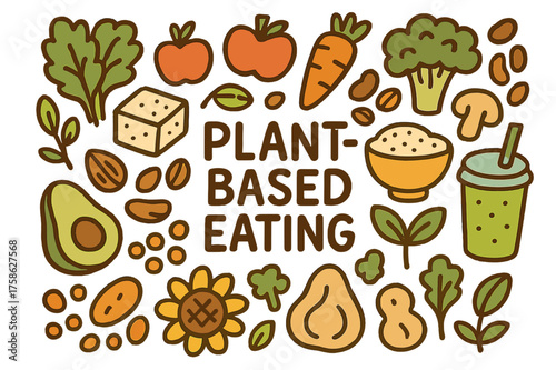 Plant-Based Nutrition Doodle. Plant-based eating. Hand-drawn doodle illustration of Plant-based eating. Leafy