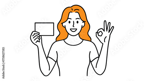Woman with orange hair holding blank card and showing ok hand gesture business card