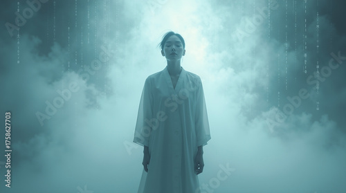 Asian woman standing serene in surreal cloudy environment with streaming digital characters