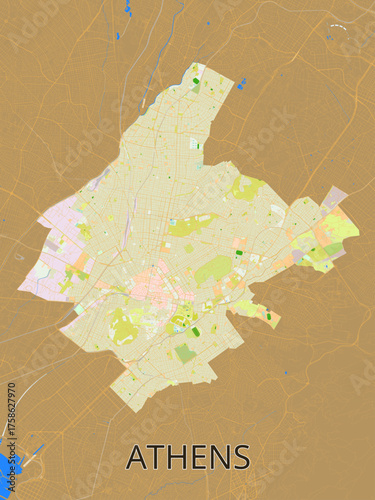 This image presents a detailed map of Athens, Greece, rendered in a muted color palette. The city's layout is depicted with intricate street patterns and various land use areas