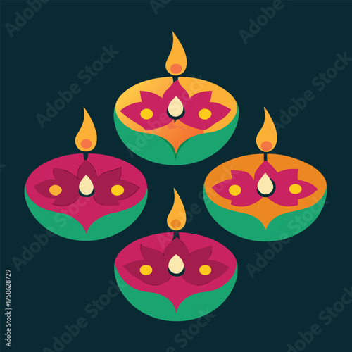four hand decorated diyas with floral patterns  (1).eps