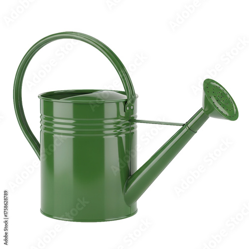 Green metal watering can with handle and spout for garden use.