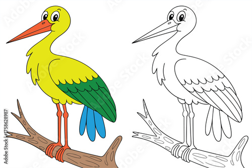 Yellow cartoon stork bird with orange beak and legs standing on a brown branch next to outline green