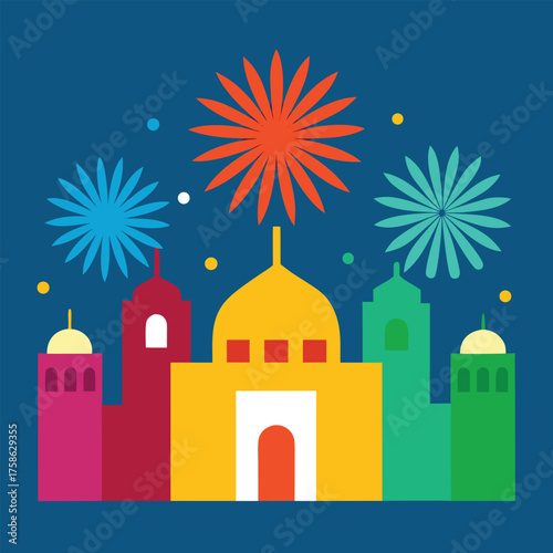 four piece illustration of colorful fireworks over (1).eps
