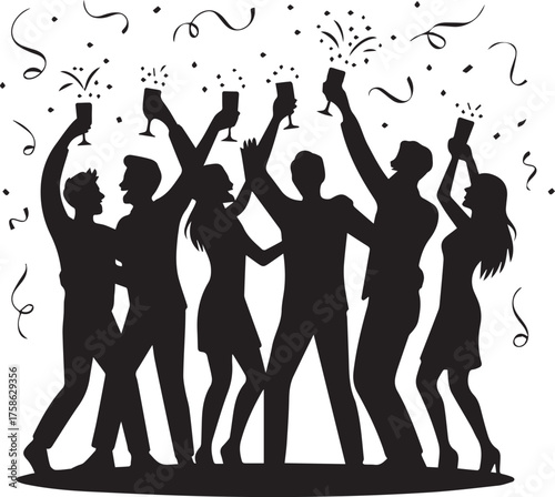 Joyful people silhouette celebrating new year with champagne and confetti