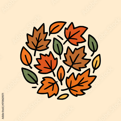 Autumn leaves arranged in circular shape with warm orange, brown and green colors, minimalist seasonal foliage illustration on beige background