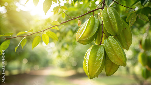 Bild auf Leinwand Averrhoa carambola, also known as star fruit, hanging from a tree branch in a tr