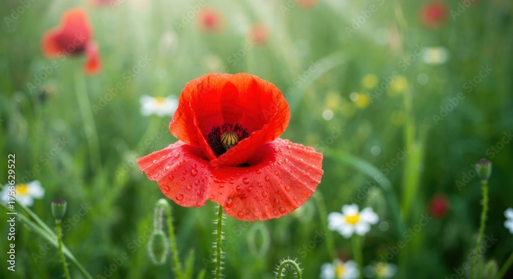 Obraz premium Vibrant red poppy in a field of wildflowers