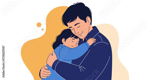 A father lovingly embraces his young daughter showing immense care and affection.