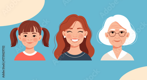 Three women of different ages and ethnicities representing different generations and family relationships.
