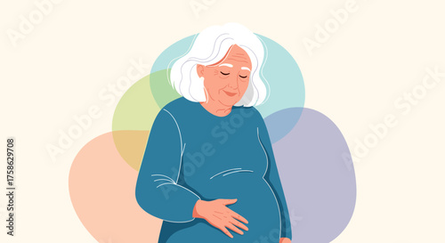 An illustration of an older woman with her hands on her belly surrounded by soft circles of color.