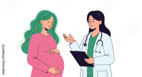 A doctor discusses pregnancy care with a patient in a clinic.