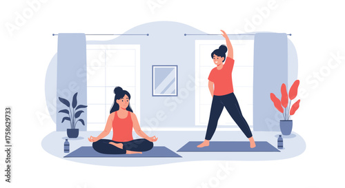 Two women exercising and meditating in a well-lit room with plants.