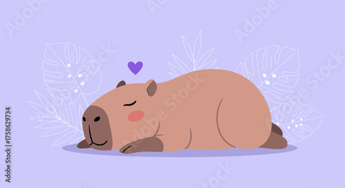 Adorable capybara peacefully sleeping with a heart above its head and delicate floral accents.