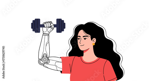 A woman with a robotic arm lifting a dumbbell during a workout session.